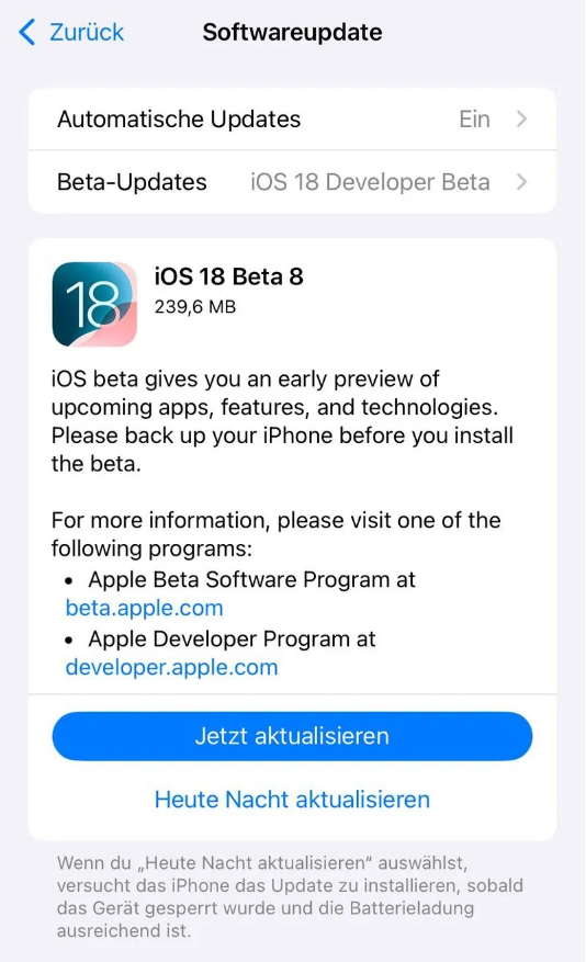 商洛苹果手机维修分享苹果 iOS / iPadOS 18 开发者预览版 Beta 8 发布 